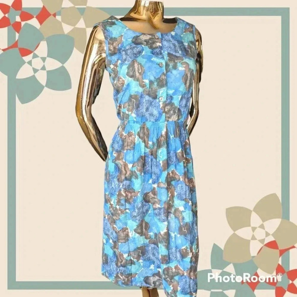 Vintage 50s Blue Brown Button Dress Vintage size 14 - Picture 1 of 9